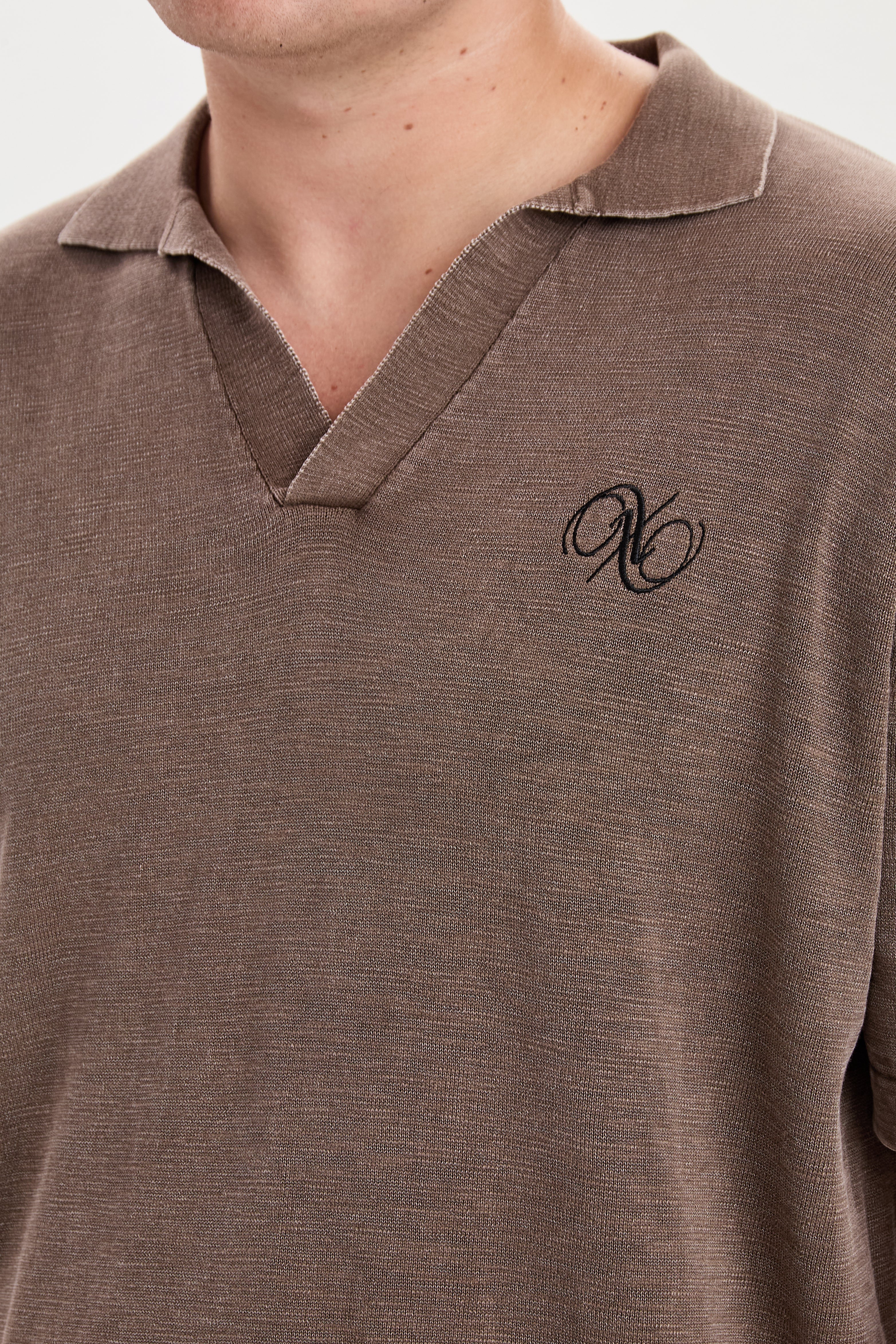 DXHaldur Brown Washed Slub Knit Polo