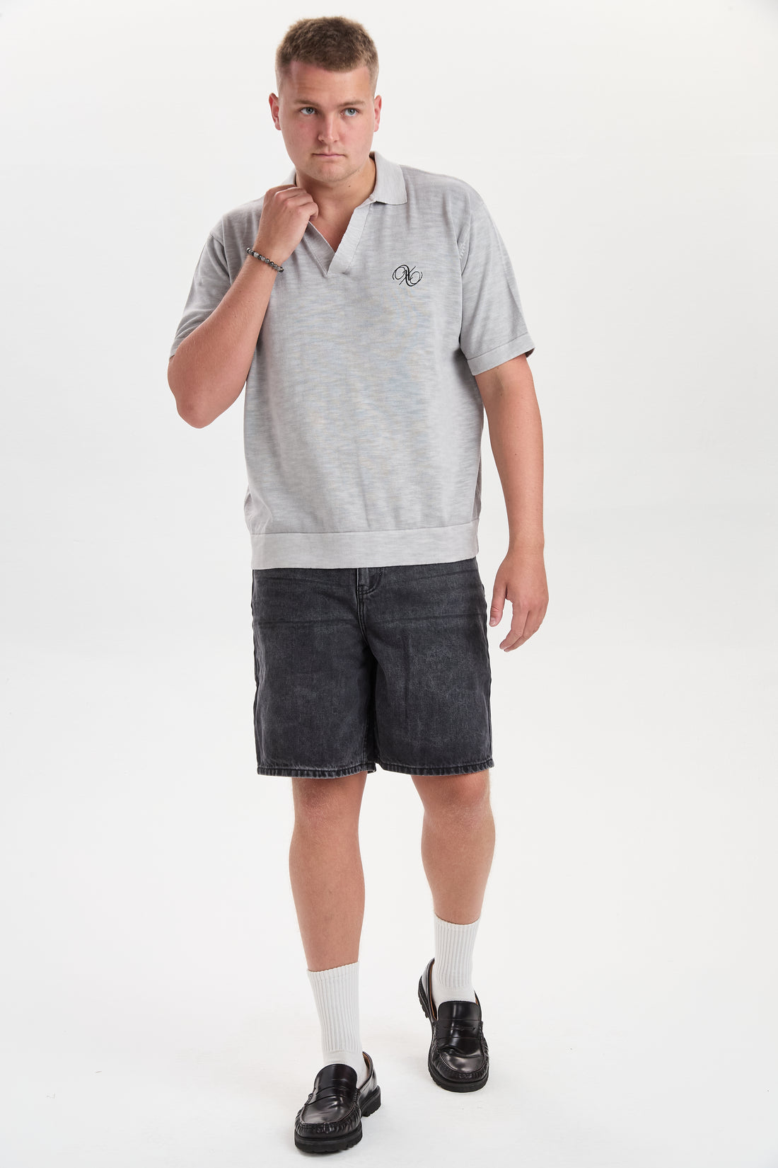 DXHaldur Grey Washed Slub Knit Polo