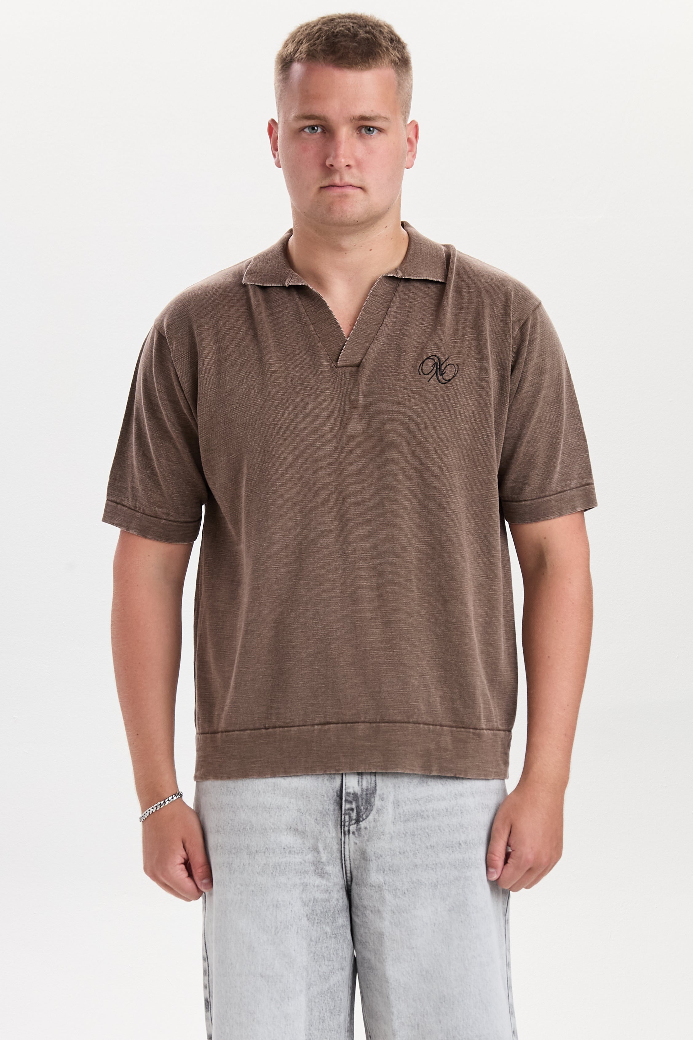 DXHaldur Brown Washed Slub Knit Polo
