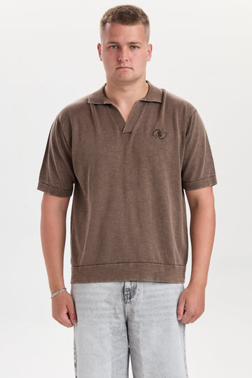 DXHaldur Brown Washed Slub Knit Polo