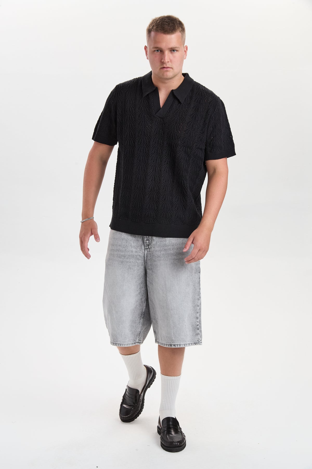 DXFane Black Chrochet Knit Polo